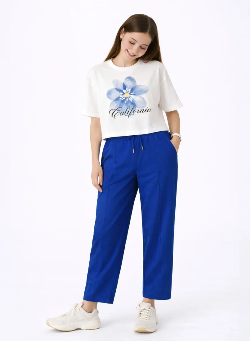 victor and jane Girls 2 Pc Set Floral Print T-Shirt & Barrel Pants Set – White & Blue